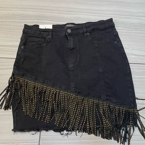 American bazi black denim skirt with a asymmetrical fringe sz L - Picture 1 of 4